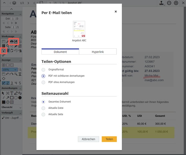Dokumente mit Anmerkungen versenden
